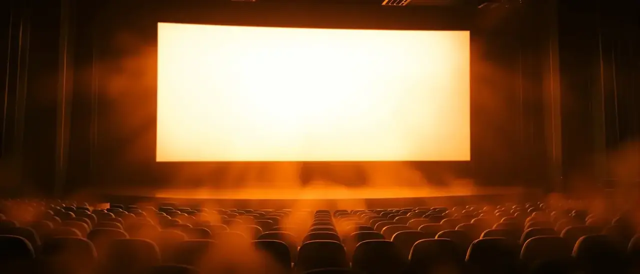 黄豆短剧类型频道页头图：暗调影院的幕布与放映光束